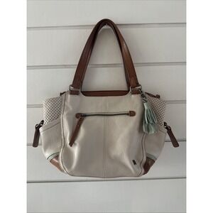 The Sak Cream and Brown Leather Tote with Mint Tassel